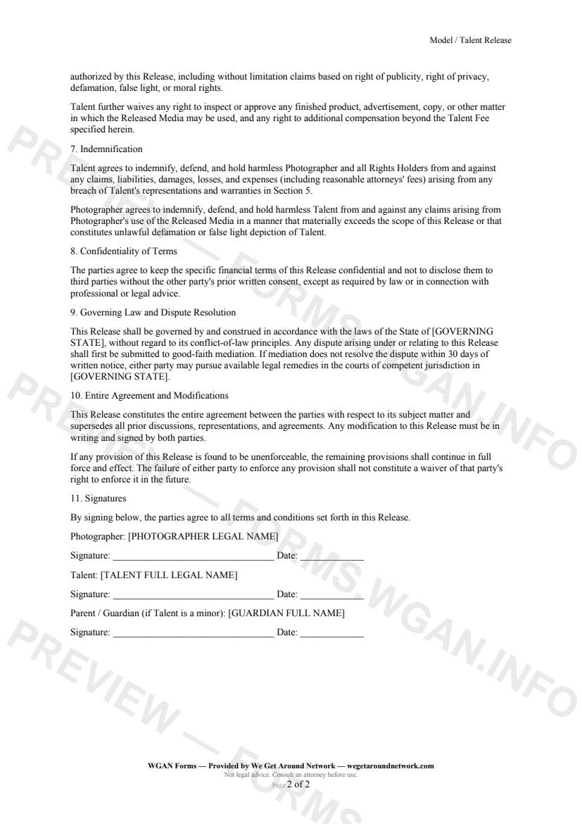 Model / Talent Release — page 2 preview covering Indemnification, Confidentiality of Terms, Governing Law and Dispute Resolution