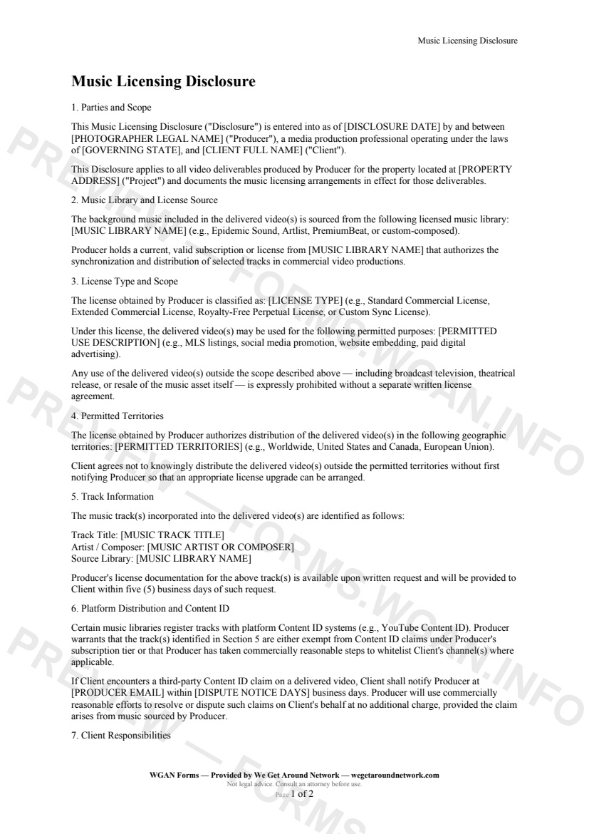 Music Licensing Disclosure — page 1 preview covering Parties and Scope, Music Library and License Source, License Type and Scope