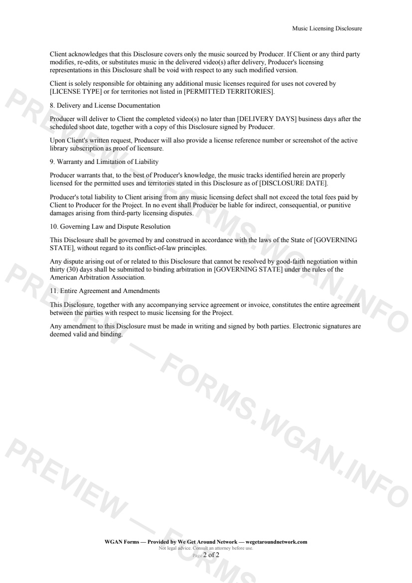 Music Licensing Disclosure — page 2 preview covering Client Responsibilities, Delivery and License Documentation, Warranty and Limitation of Liability