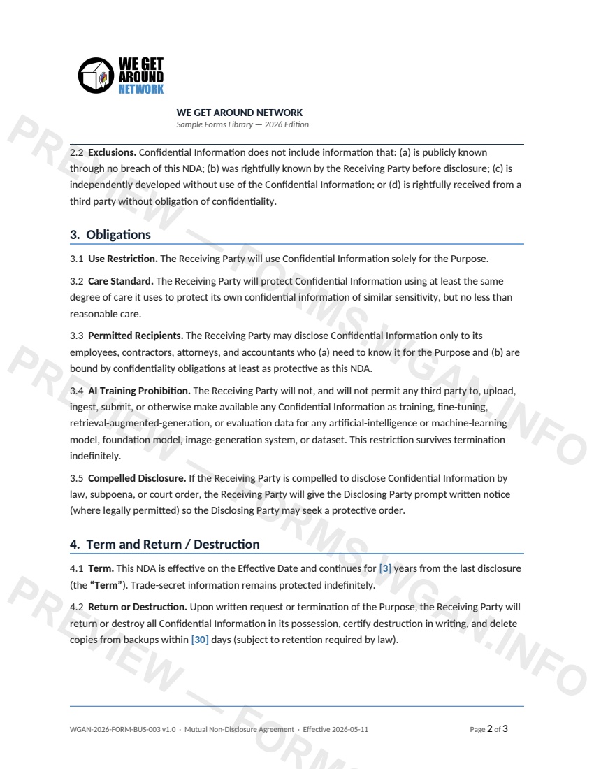 Mutual Non-Disclosure Agreement — page 2 preview covering 5. No License; No Warranty, 6. Remedies, Governing Law and General Provisions