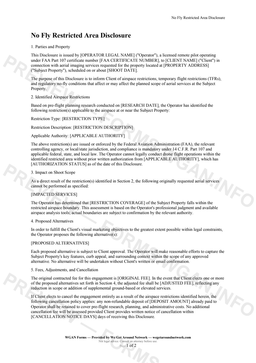 No Fly Restricted Area Disclosure — page 1 preview covering Parties and Property, Identified Airspace Restrictions, Impact on Shoot Scope