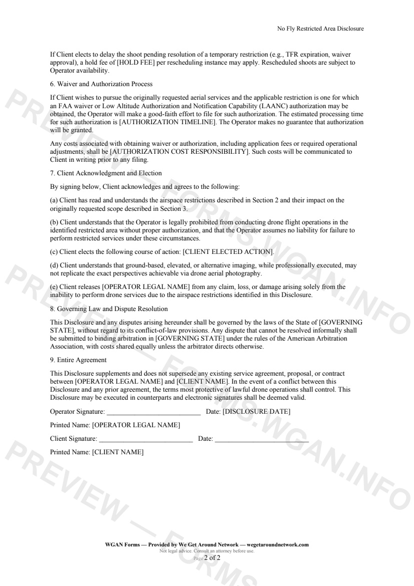 No Fly Restricted Area Disclosure — page 2 preview covering Waiver and Authorization Process, Client Acknowledgment and Election, Governing Law and Dispute Resolution