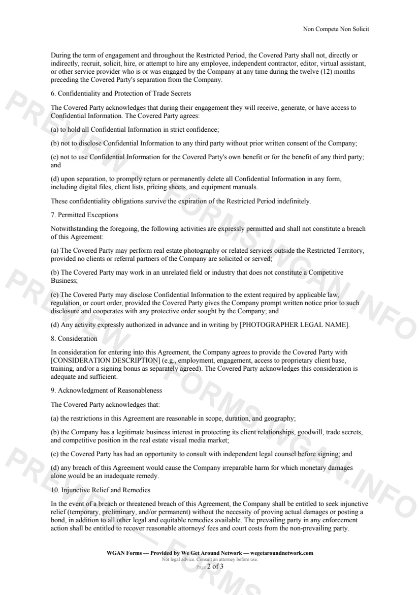 Non Compete Non Solicit — page 2 preview covering Consideration, Acknowledgment of Reasonableness, Injunctive Relief and Remedies