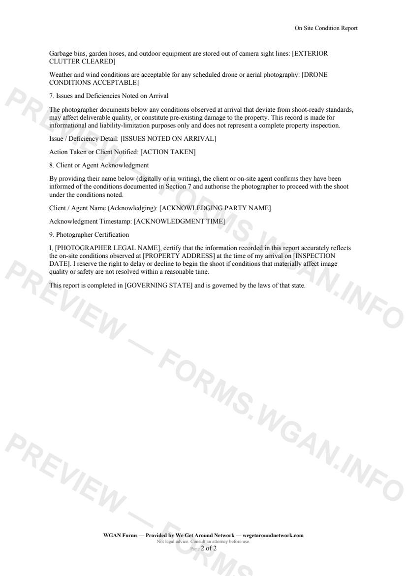 On Site Condition Report — page 2 preview covering Exterior and Drone Conditions, Issues and Deficiencies Noted on Arrival, Client or Agent Acknowledgment