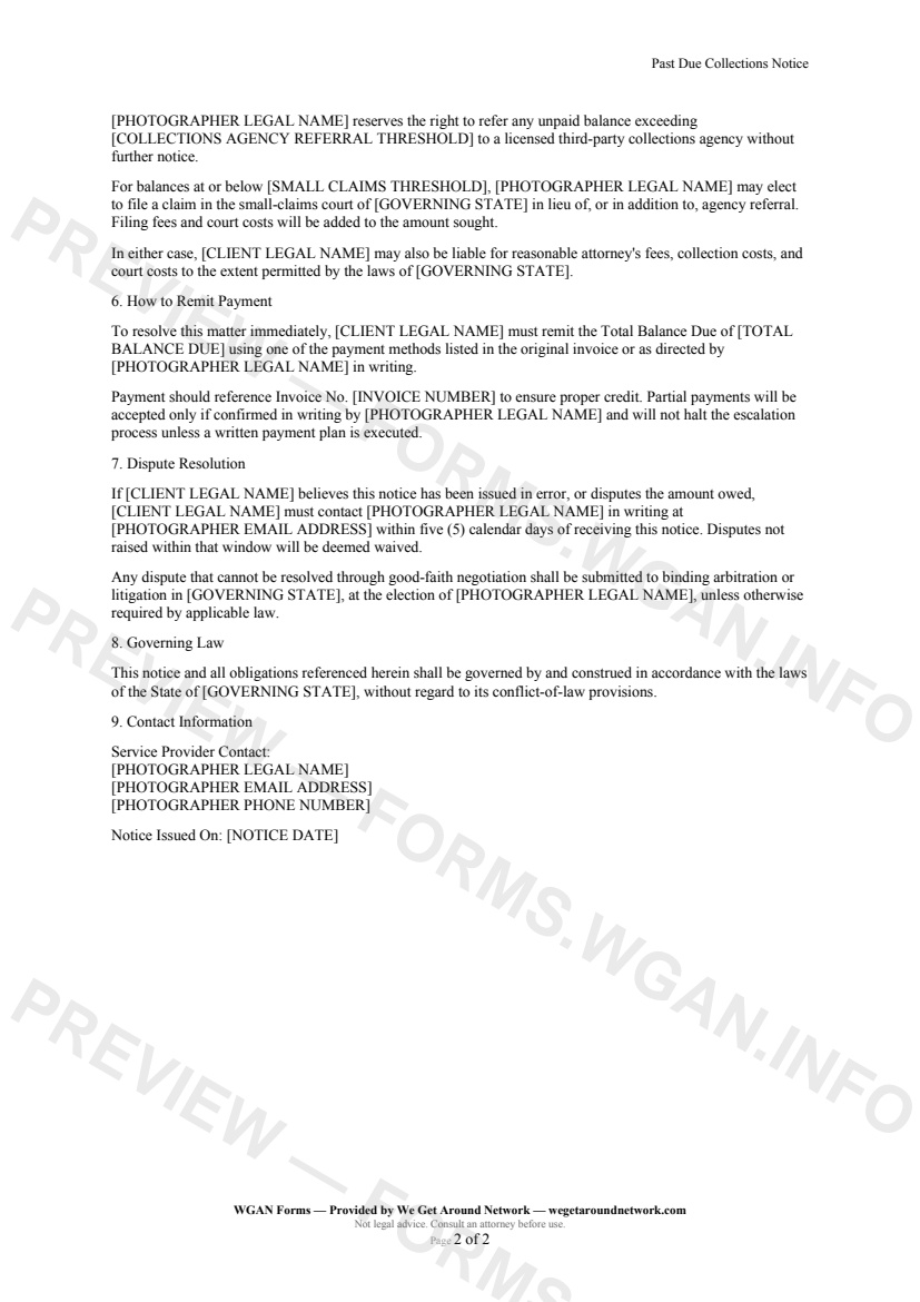 Past Due Collections Notice — page 2 preview covering 6. How to Remit Payment, 7. Dispute Resolution, 8. Governing Law