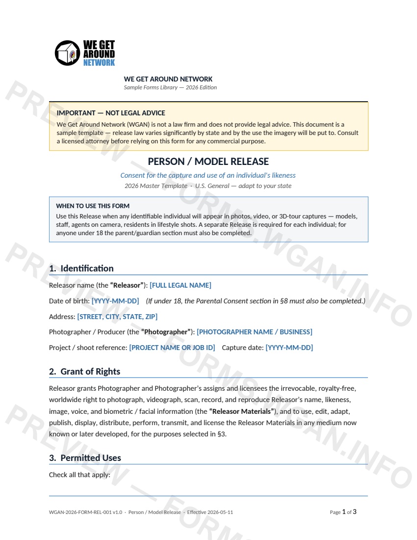 Person Release — page 1 preview covering 1. Identification, 2. Grant of Rights, 3. Permitted Uses