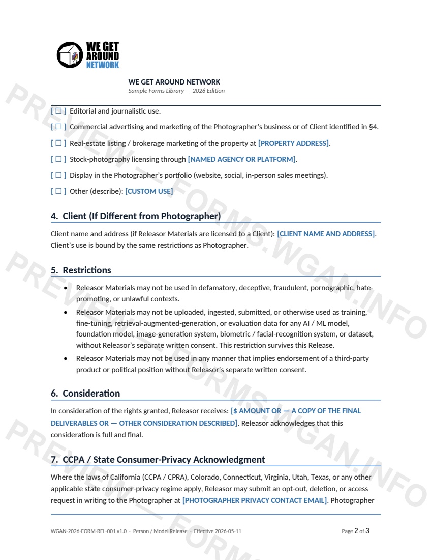 Person Release — page 2 preview covering 6. Consideration, 7. CCPA / State Consumer-Privacy Acknowledgment, 8. Parental / Guardian Consent (Required if Releasor is under 18)