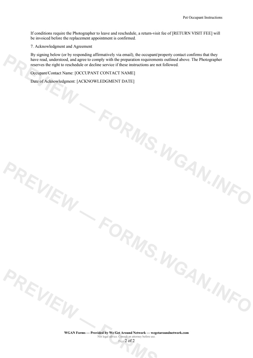 Pet Occupant Instructions — page 2 preview covering Privacy Expectations, Return-Visit and Delay Fees, Acknowledgment and Agreement