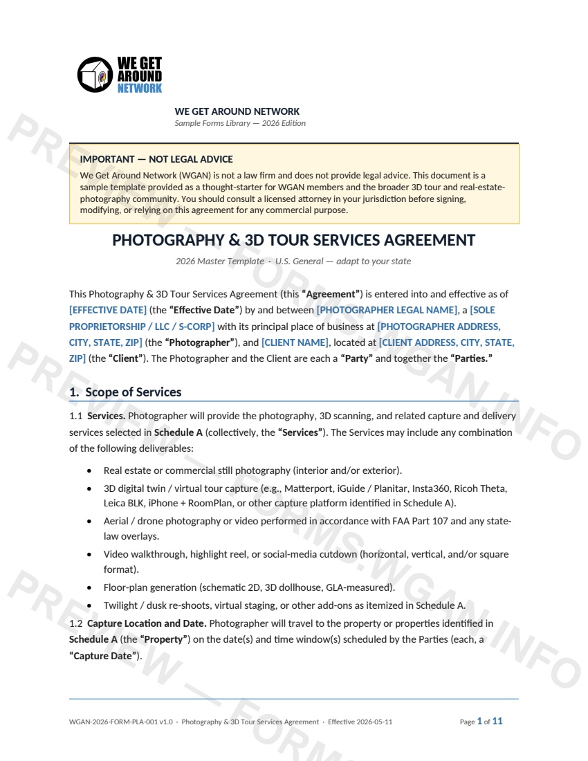 Photography and 3D Tour Services Agreement — page 1 preview covering 1. Scope of Services, 2. Fees and Payment, 3. Cancellation, Rescheduling, and No-Show