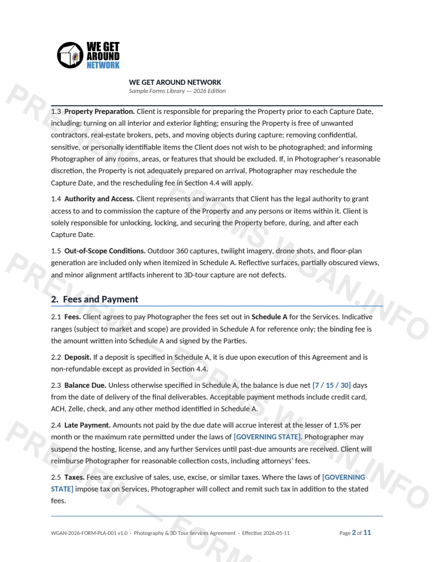 Photography and 3D Tour Services Agreement — page 2 preview covering 7. Privacy, Persons in Frame, and Data Protection, 8. Aerial / Drone Operations (If Included in Schedule A), 9. Warranty and Disclaimer
