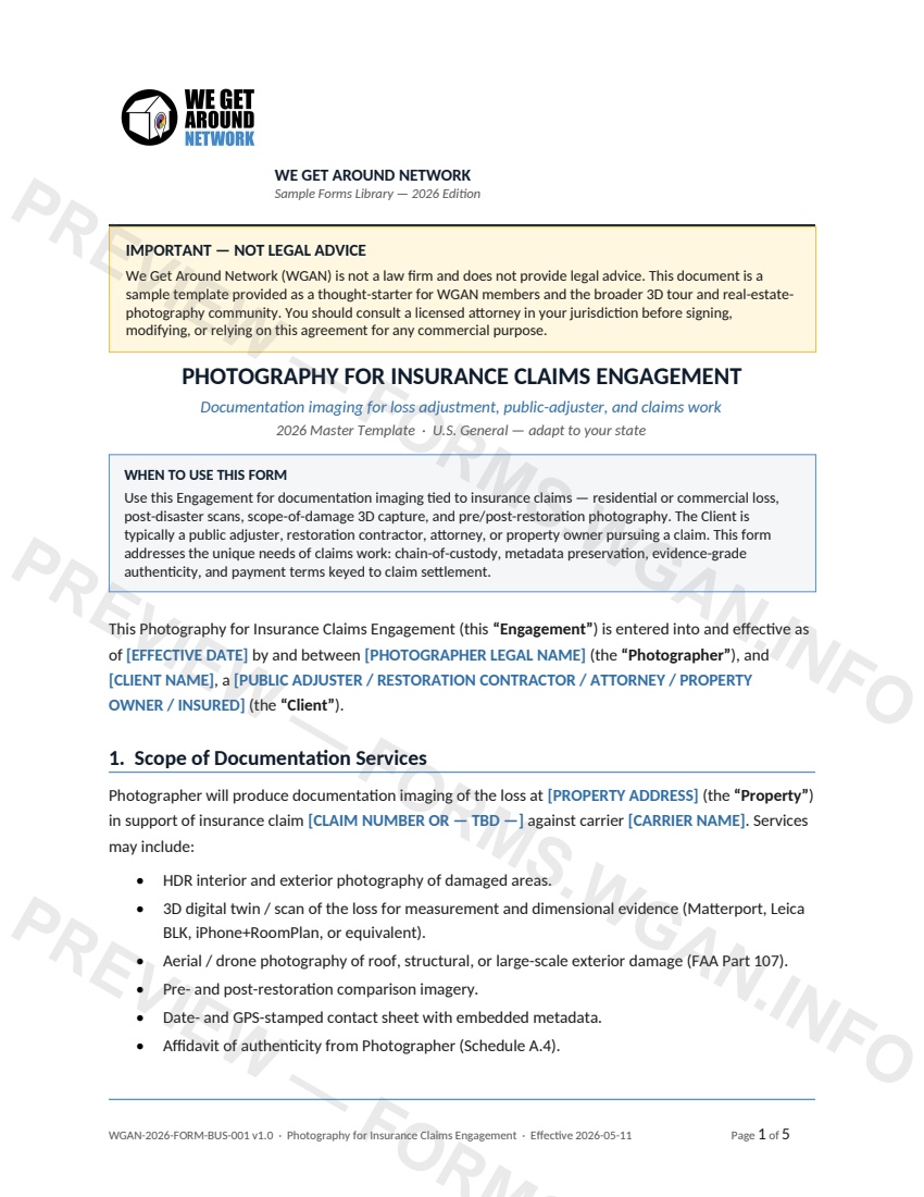 Photography for Insurance Claims Engagement — page 1 preview covering 1. Scope of Documentation Services, 2. Evidence Integrity, 3. Fees, Settlement-Contingent Options, and Expenses