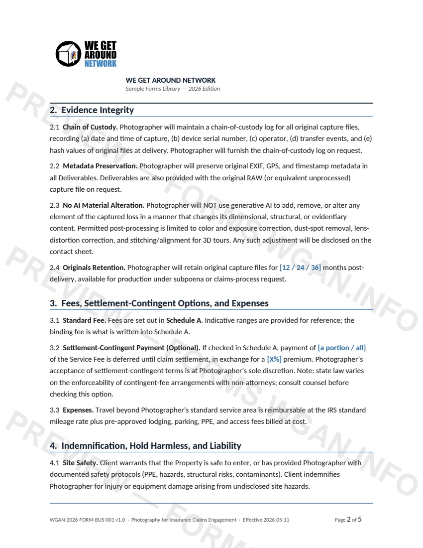 Photography for Insurance Claims Engagement — page 2 preview covering Warranty and Disclaimer, Limitation of Liability, Governing Law and General Provisions