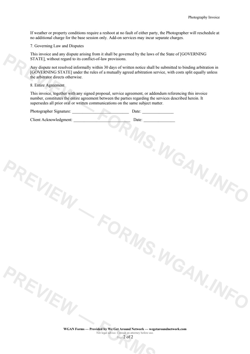 Photography Invoice — page 2 preview covering License and Delivery, Cancellation and Reshoot Policy, Governing Law and Disputes