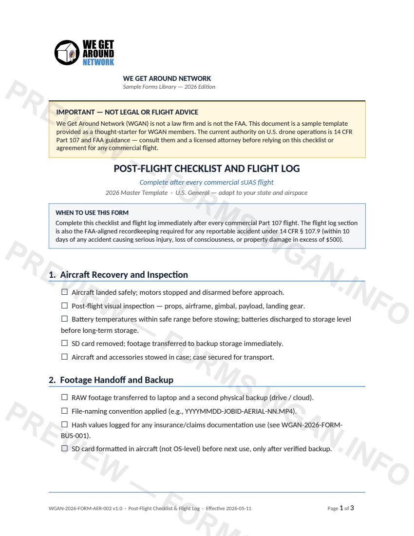 Post-Flight Checklist & Flight Log — page 1 preview covering 1. Aircraft Recovery and Inspection, 2. Footage Handoff and Backup, 3. Flight Log Entry