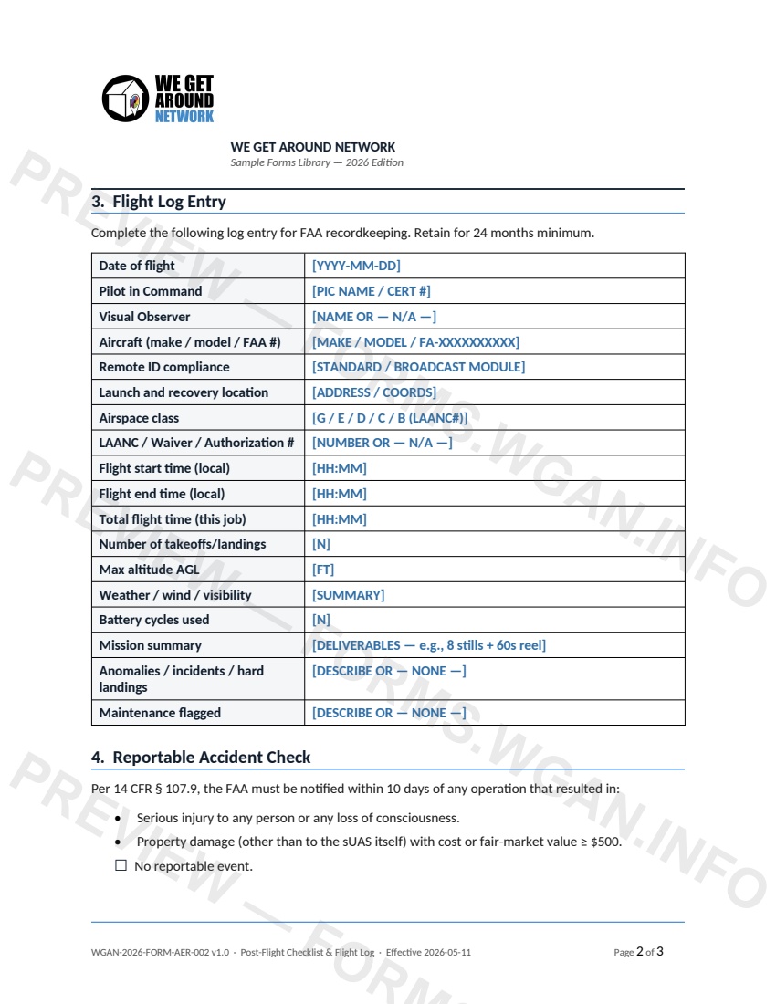 Post-Flight Checklist & Flight Log — page 2 preview covering 4. Reportable Accident Check, 5. Post-Flight Maintenance, Sign-Off