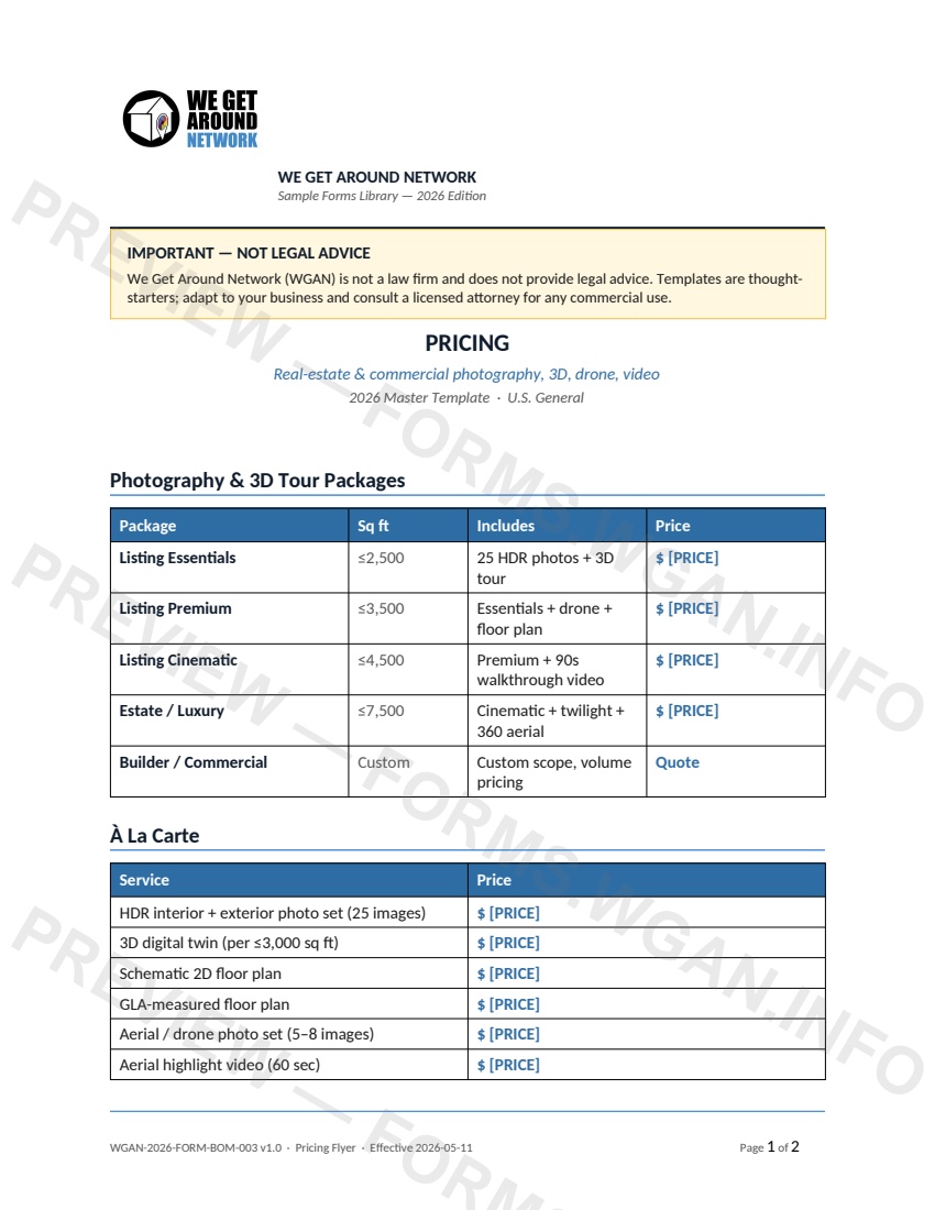 Service Menu / Rate Card — page 1 preview covering Photography & 3D Tour Packages, À La Carte