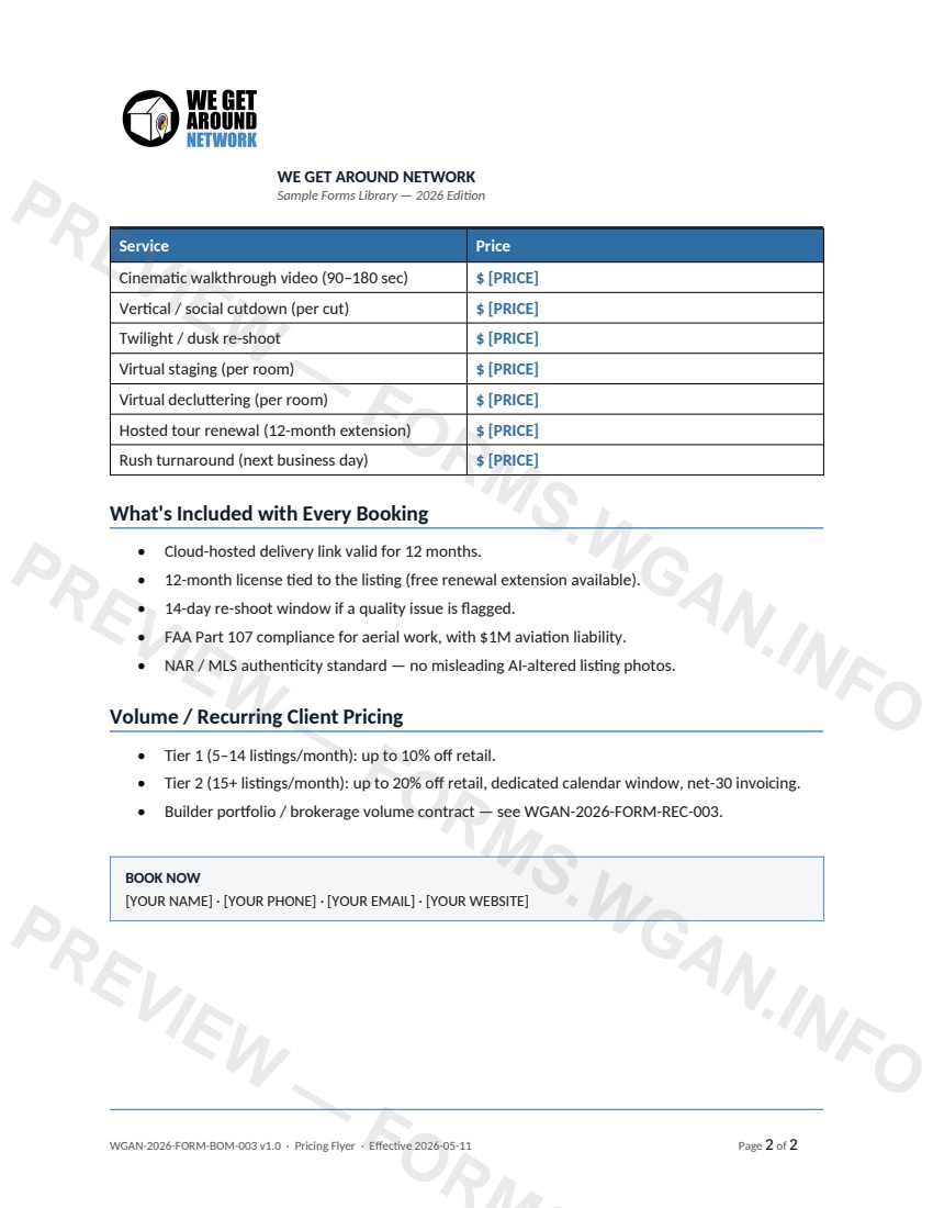 Service Menu / Rate Card — page 2 preview covering What's Included with Every Booking, Volume / Recurring Client Pricing