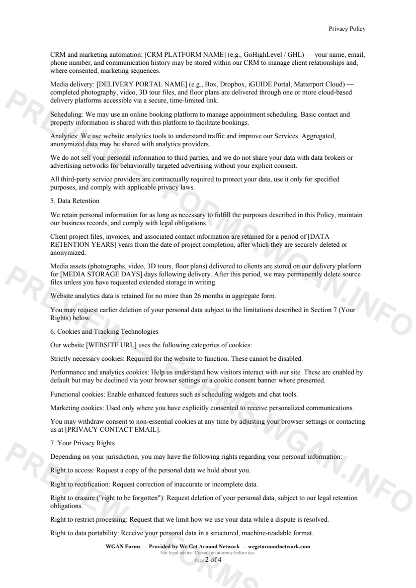 Privacy Policy — page 2 preview covering International Data Transfers, Data Security, Children's Privacy