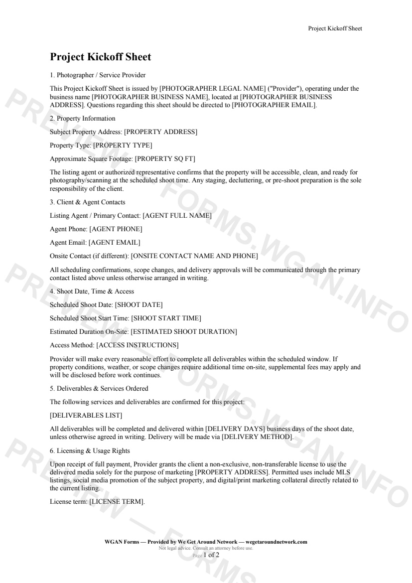 Project Kickoff Sheet — page 1 preview covering Photographer / Service Provider, Property Information, Client & Agent Contacts
