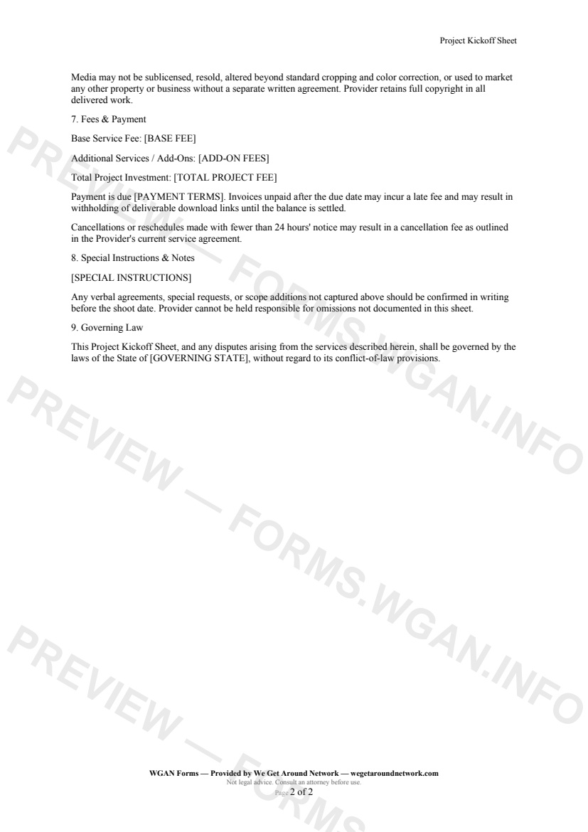 Project Kickoff Sheet — page 2 preview covering Licensing & Usage Rights, Fees & Payment, Special Instructions & Notes
