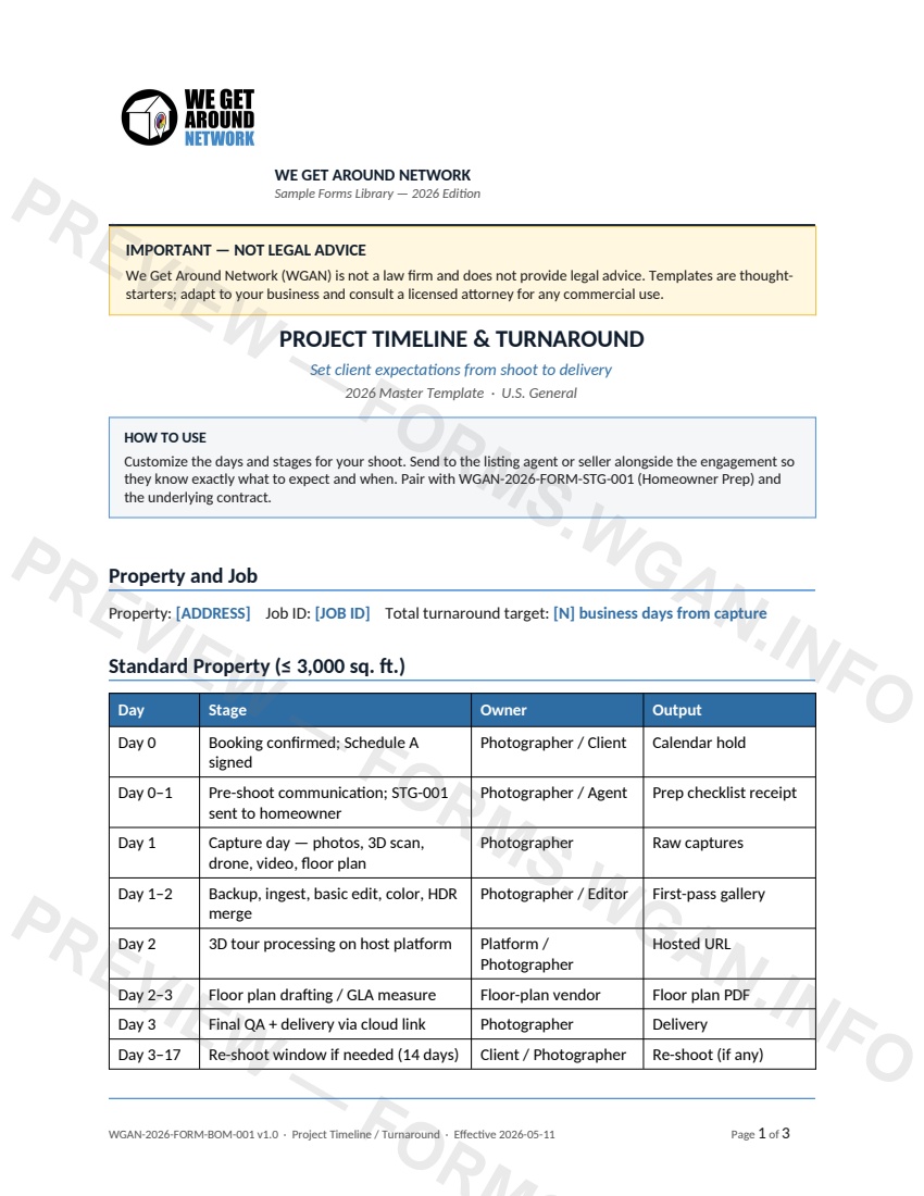 Project Timeline & Turnaround — page 1 preview covering Property and Job, Standard Property (≤ 3,000 sq. ft.), Large or Complex Property (> 3,000 sq. ft., builder, commercial)