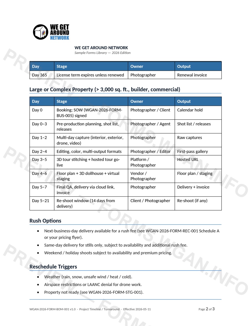 Project Timeline & Turnaround — page 2 preview covering Rush Options, Reschedule Triggers