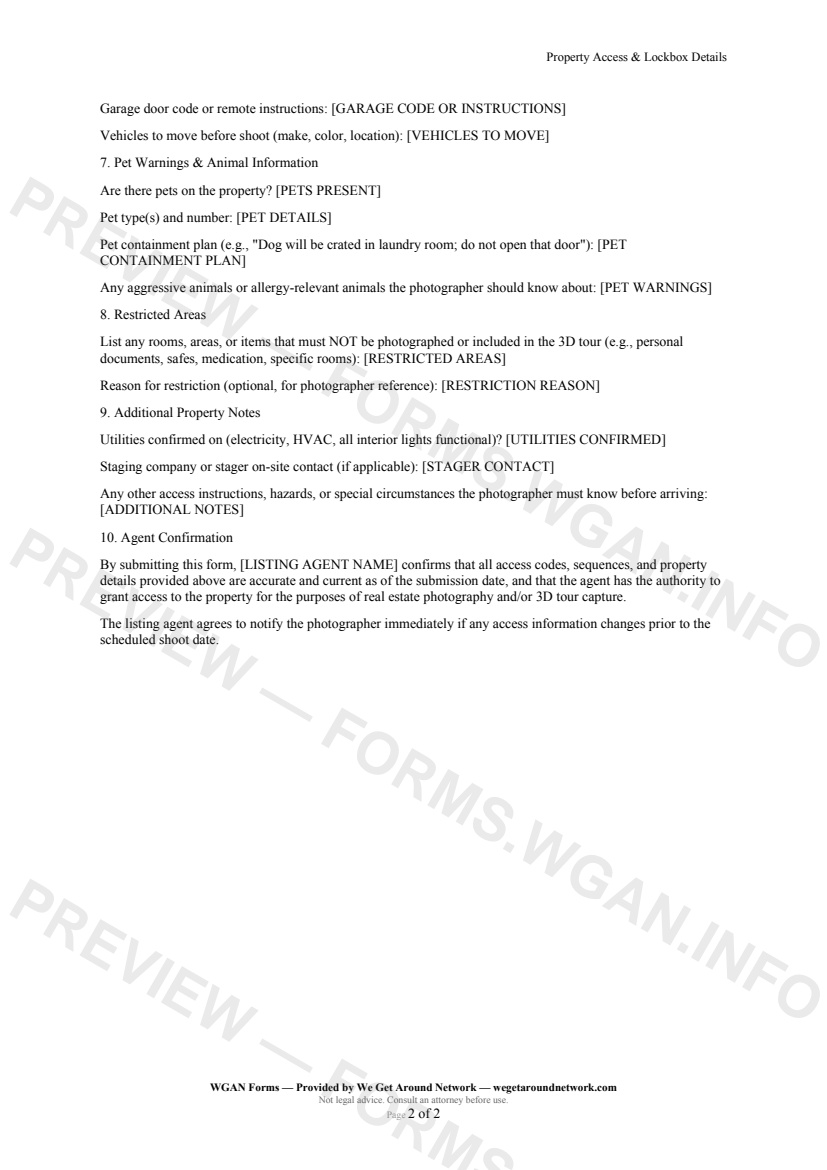 Property Access & Lockbox Details — page 2 preview covering Garage Access, Pet Warnings & Animal Information, Restricted Areas