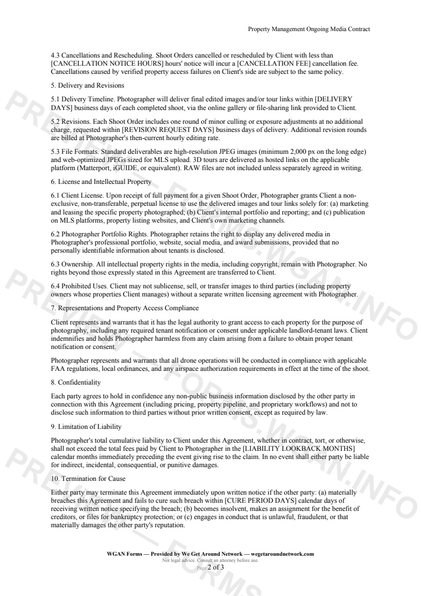 Property Management Ongoing Media Contract — page 2 preview covering Representations and Property Access Compliance, Confidentiality, Limitation of Liability