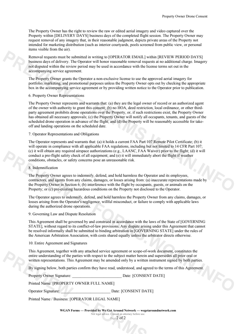 Property Owner Drone Consent — page 2 preview covering Property Owner Representations, Operator Representations and Obligations, Indemnification