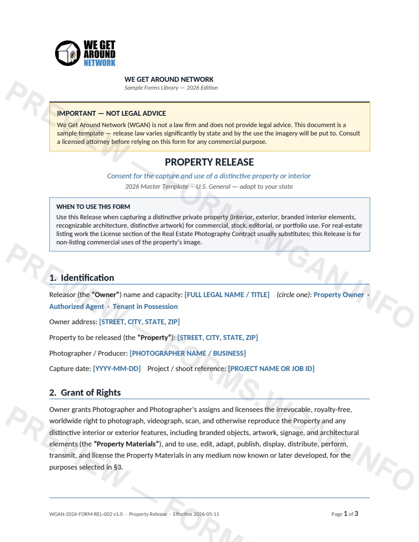 Property Release — page 1 preview covering 1. Identification, 2. Grant of Rights, 3. Permitted Uses