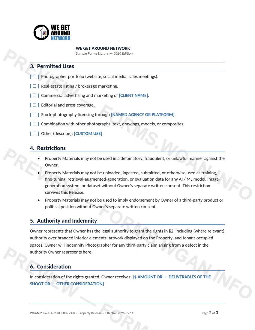 Property Release — page 2 preview covering 5. Authority and Indemnity, 6. Consideration, 7. Signatures