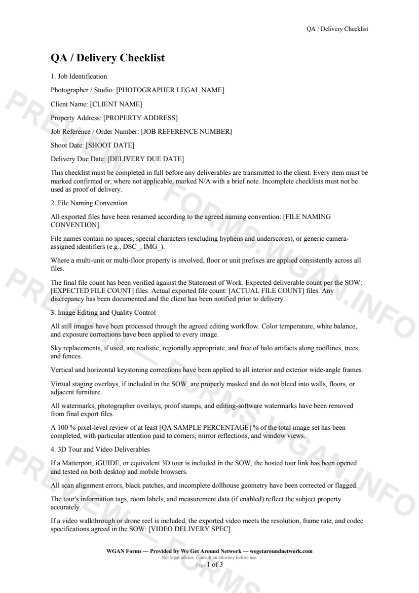 QA / Delivery Checklist — page 1 preview covering Job Identification, File Naming Convention, Image Editing and Quality Control