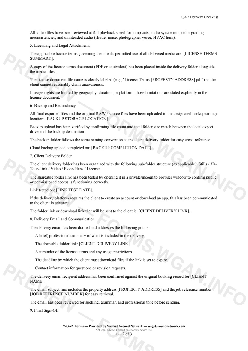 QA / Delivery Checklist — page 2 preview covering Backup and Redundancy, Client Delivery Folder, Delivery Email and Communication