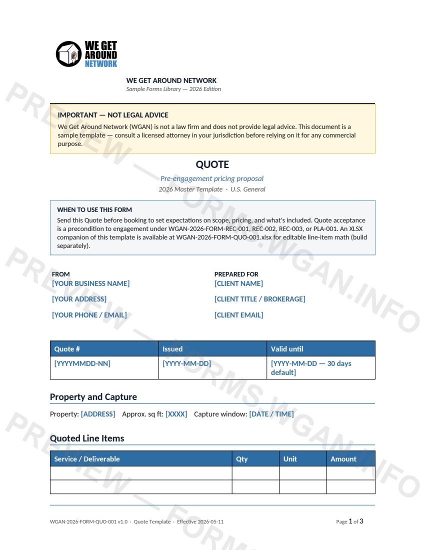 Quote Template — page 1 preview covering Property and Capture, Quoted Line Items, Inclusions