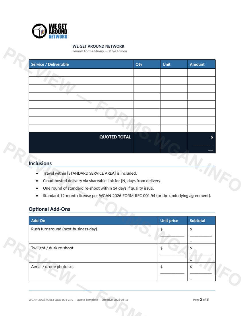 Quote Template — page 2 preview covering Optional Add-Ons, Acceptance and Next Steps