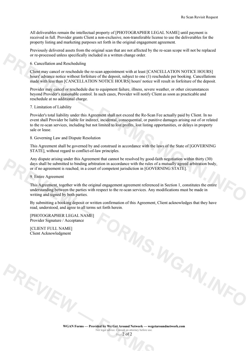 Re Scan Revisit Request — page 2 preview covering Cancellation and Rescheduling, Limitation of Liability, Governing Law and Dispute Resolution