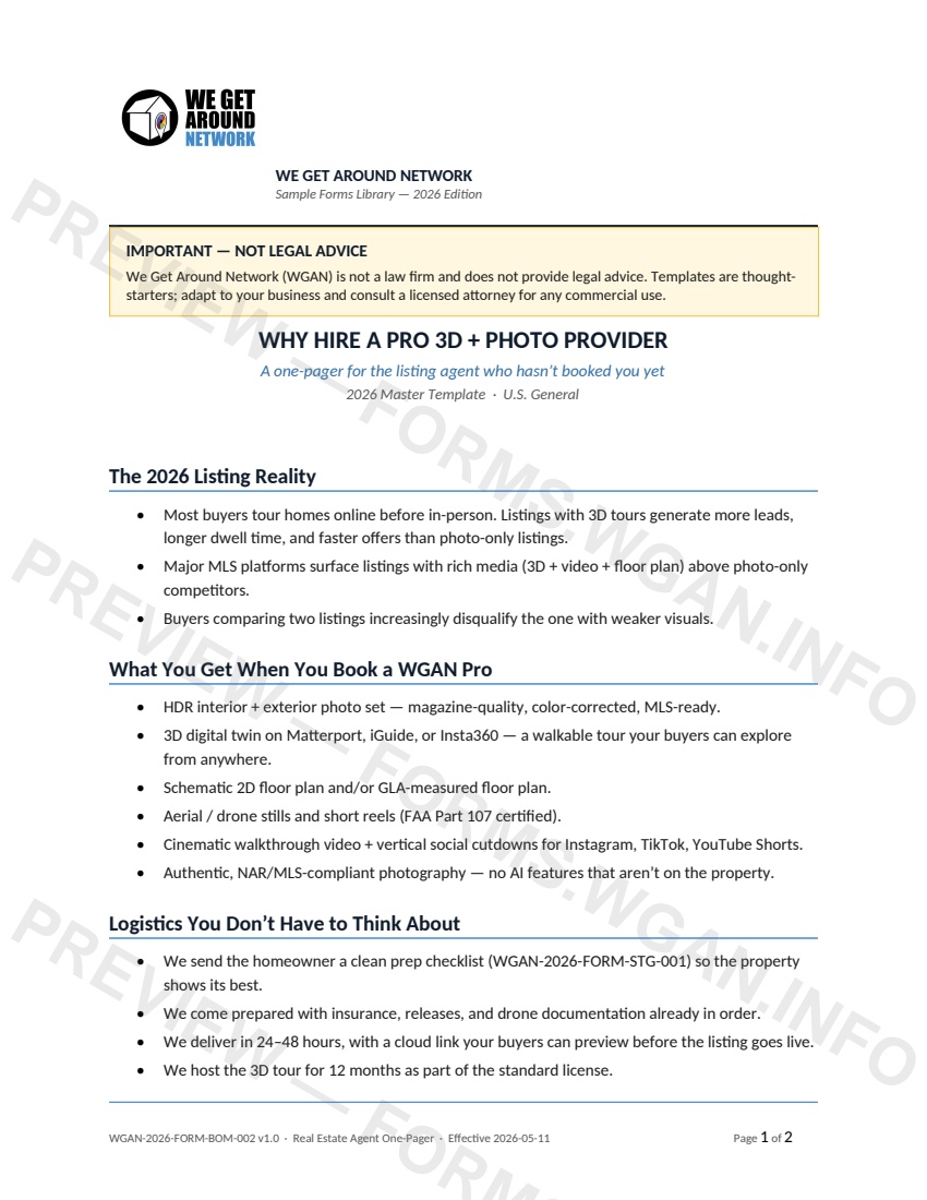 Real Estate Agent One-Pager — page 1 preview covering The 2026 Listing Reality, What You Get When You Book a WGAN Pro, Logistics You Don’t Have to Think About