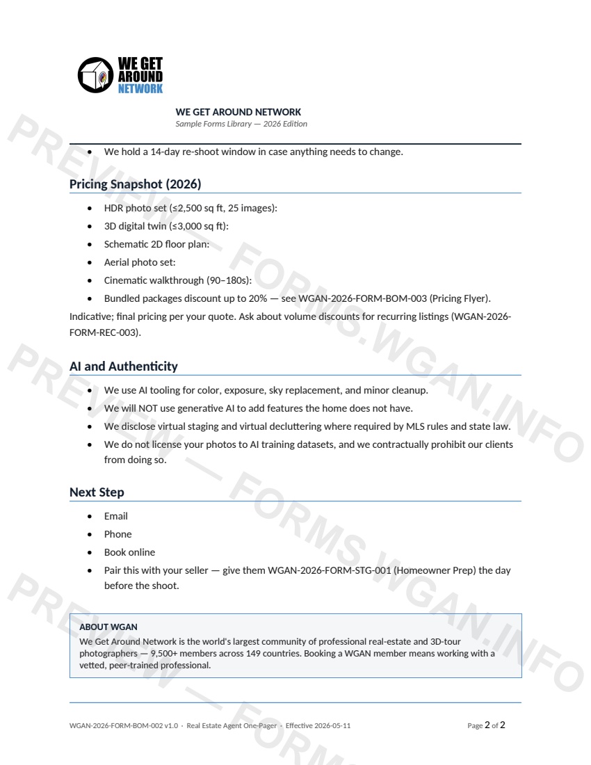 Real Estate Agent One-Pager — page 2 preview covering Pricing Snapshot (2026), AI and Authenticity, Next Step