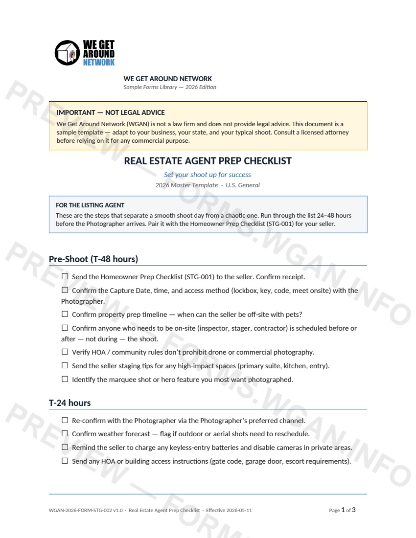 Real Estate Agent Prep Checklist — page 1 preview covering Pre-Shoot (T-48 hours), T-24 hours, Shoot Day