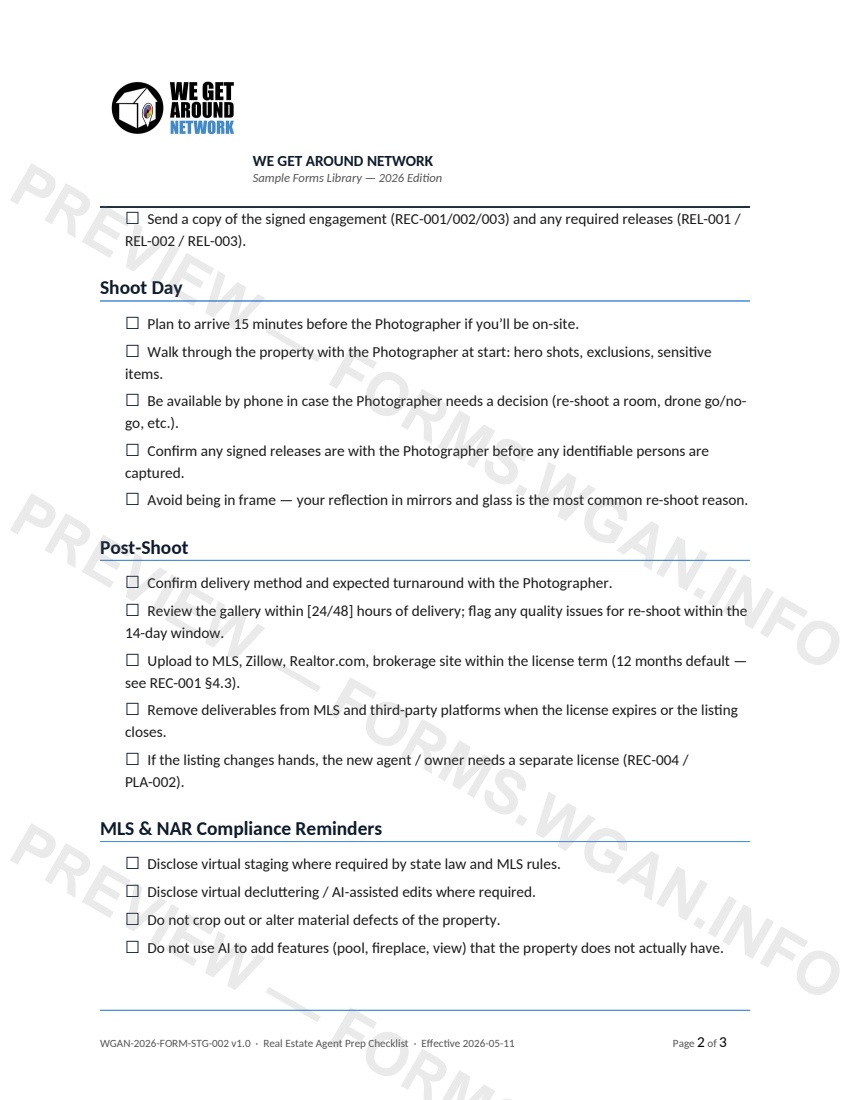 Real Estate Agent Prep Checklist — page 2 preview covering Post-Shoot, MLS & NAR Compliance Reminders