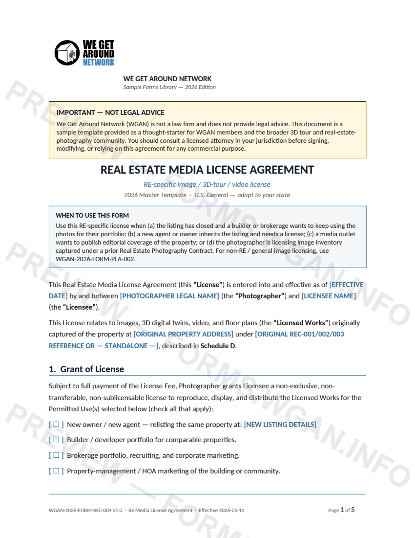 Real Estate Media License Agreement — page 1 preview covering 1. Grant of License, 2. Term, Territory, Channels, 3. Credit and Attribution