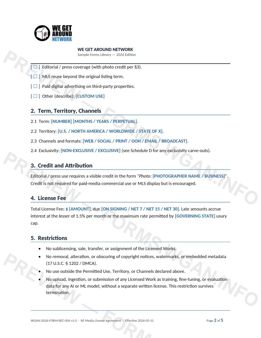 Real Estate Media License Agreement — page 2 preview covering Indemnification, Limitation of Liability, Governing Law and General Provisions
