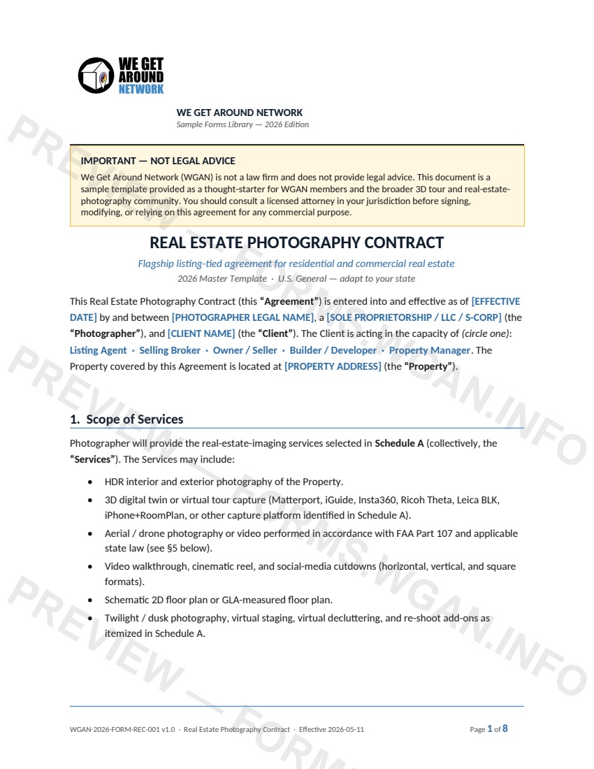 Real Estate Photography Contract — page 1 preview covering 1. Scope of Services, 1.1 Client Authority and Access, 1.2 Property Preparation