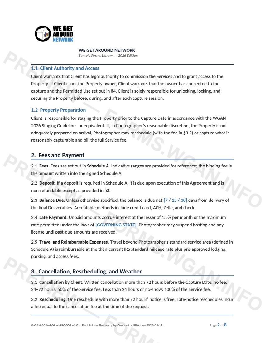 Real Estate Photography Contract — page 2 preview covering Artificial Intelligence — Training Data and Authenticity, 5. Aerial / Drone Operations (If Selected), 6. Privacy and Disclosures