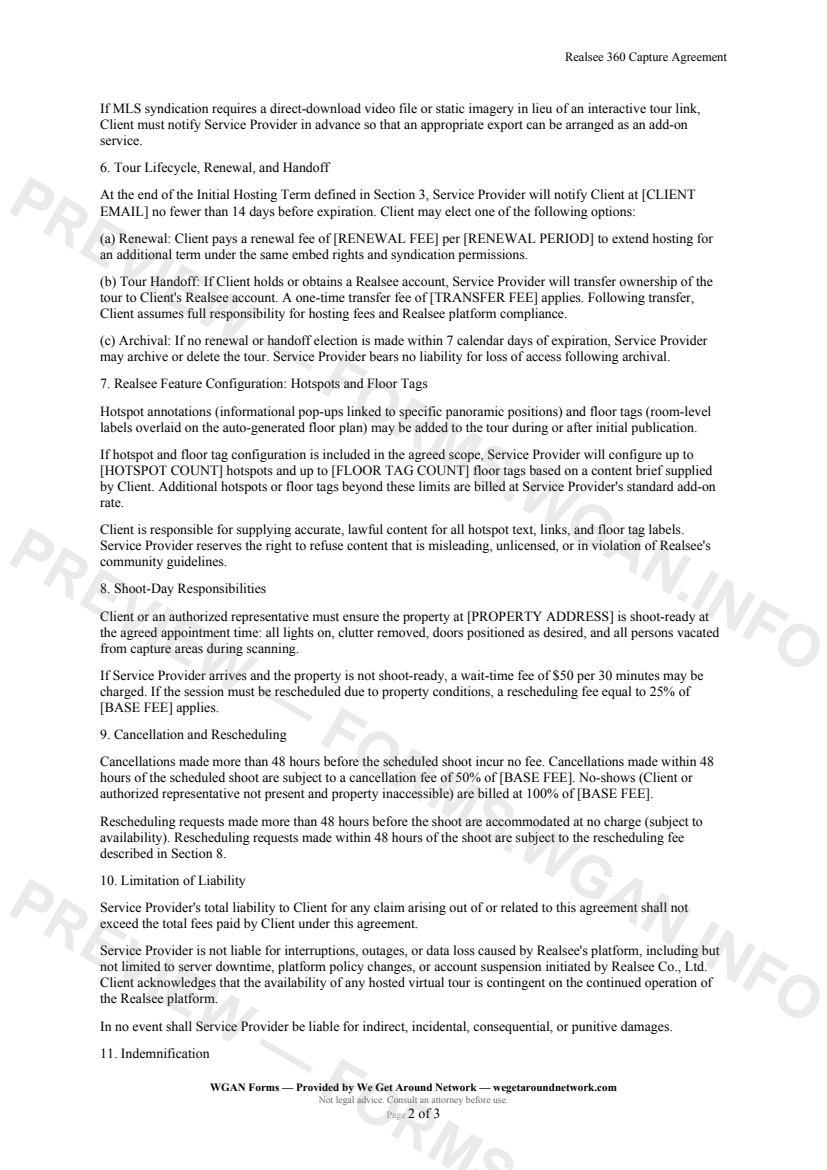 Realsee 360 Capture Agreement — page 2 preview covering Shoot-Day Responsibilities, Cancellation and Rescheduling, Limitation of Liability