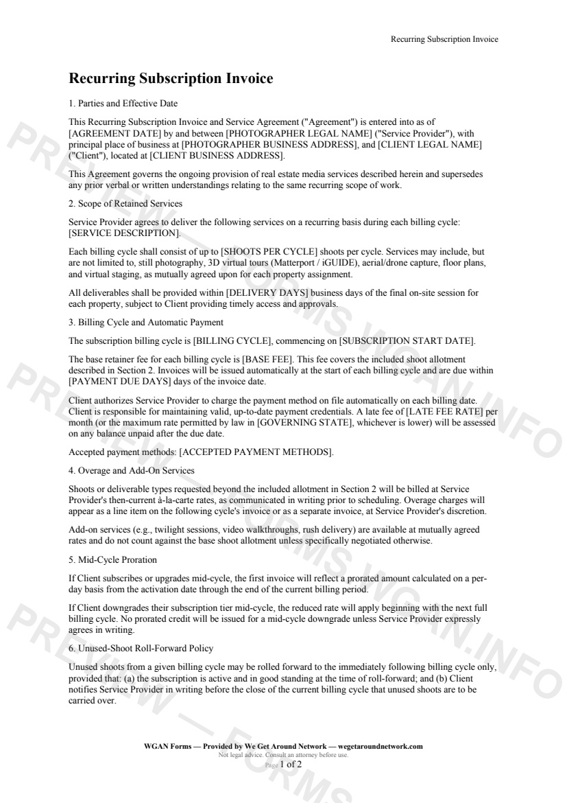 Recurring Subscription Invoice — page 1 preview covering Parties and Effective Date, Scope of Retained Services, Billing Cycle and Automatic Payment