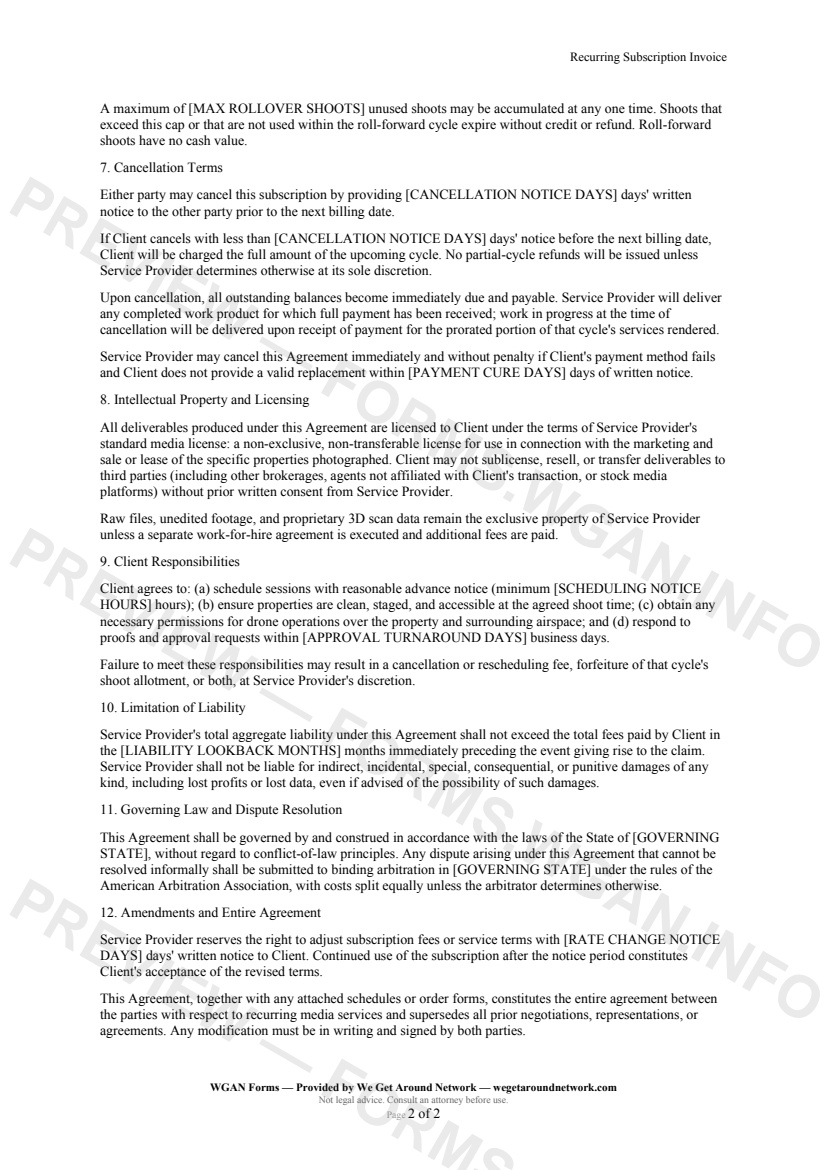 Recurring Subscription Invoice — page 2 preview covering Cancellation Terms, Intellectual Property and Licensing, Client Responsibilities