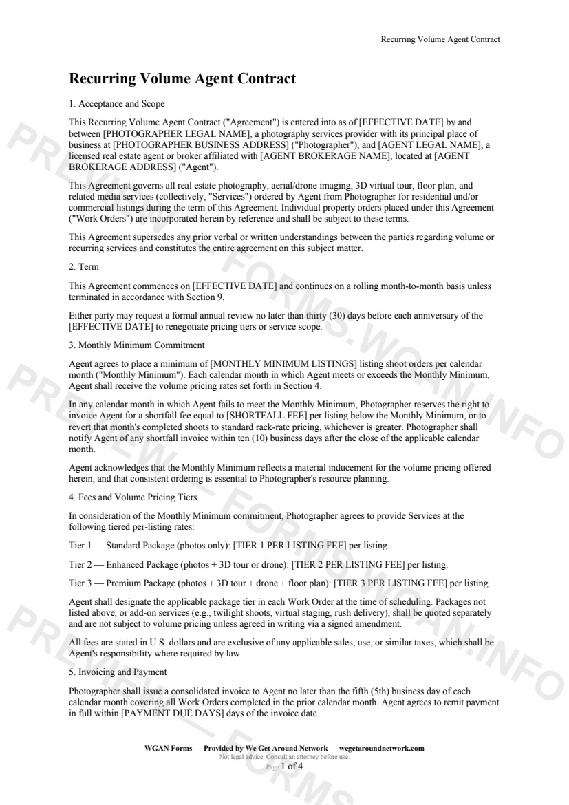 Recurring Volume Agent Contract — page 1 preview covering Acceptance and Scope, Term, Monthly Minimum Commitment