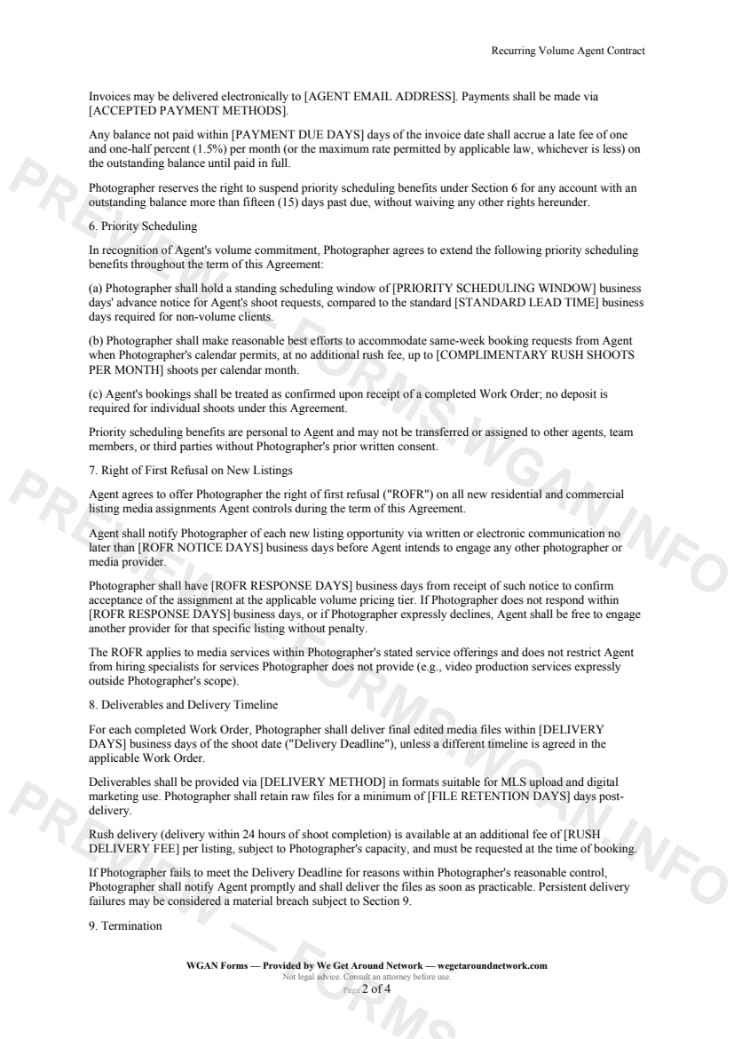 Recurring Volume Agent Contract — page 2 preview covering Termination, Intellectual Property and Licensing, Independent Contractor