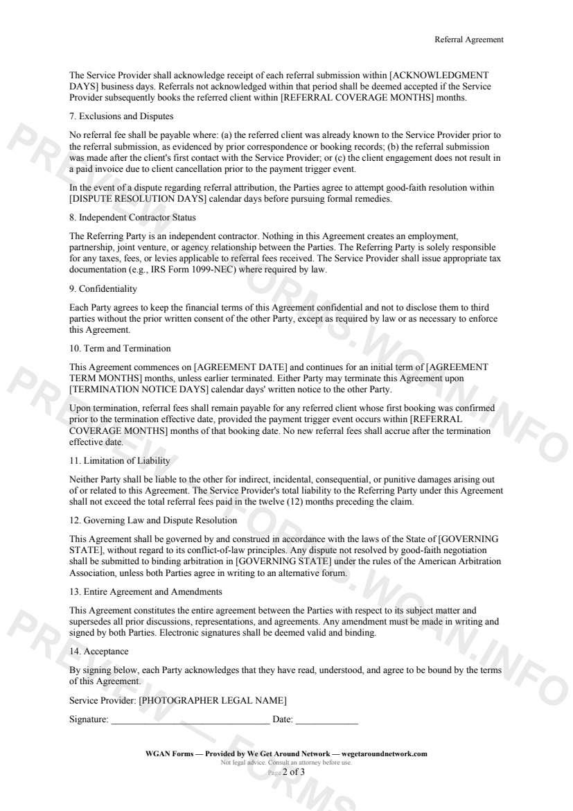 Referral Agreement — page 2 preview covering Independent Contractor Status, Confidentiality, Term and Termination